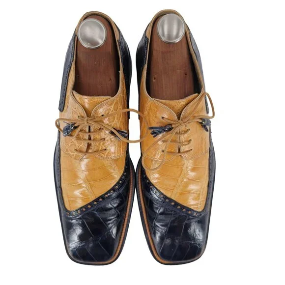 Mauri Vintage Alligator Exotic Mens 12M Honey Tan Navy Blue Dress Shoes Italy - Picture 2 of 10